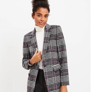 Loft Plaid Long Modern Blazer Black Pink White Jacket Size 2 Lined